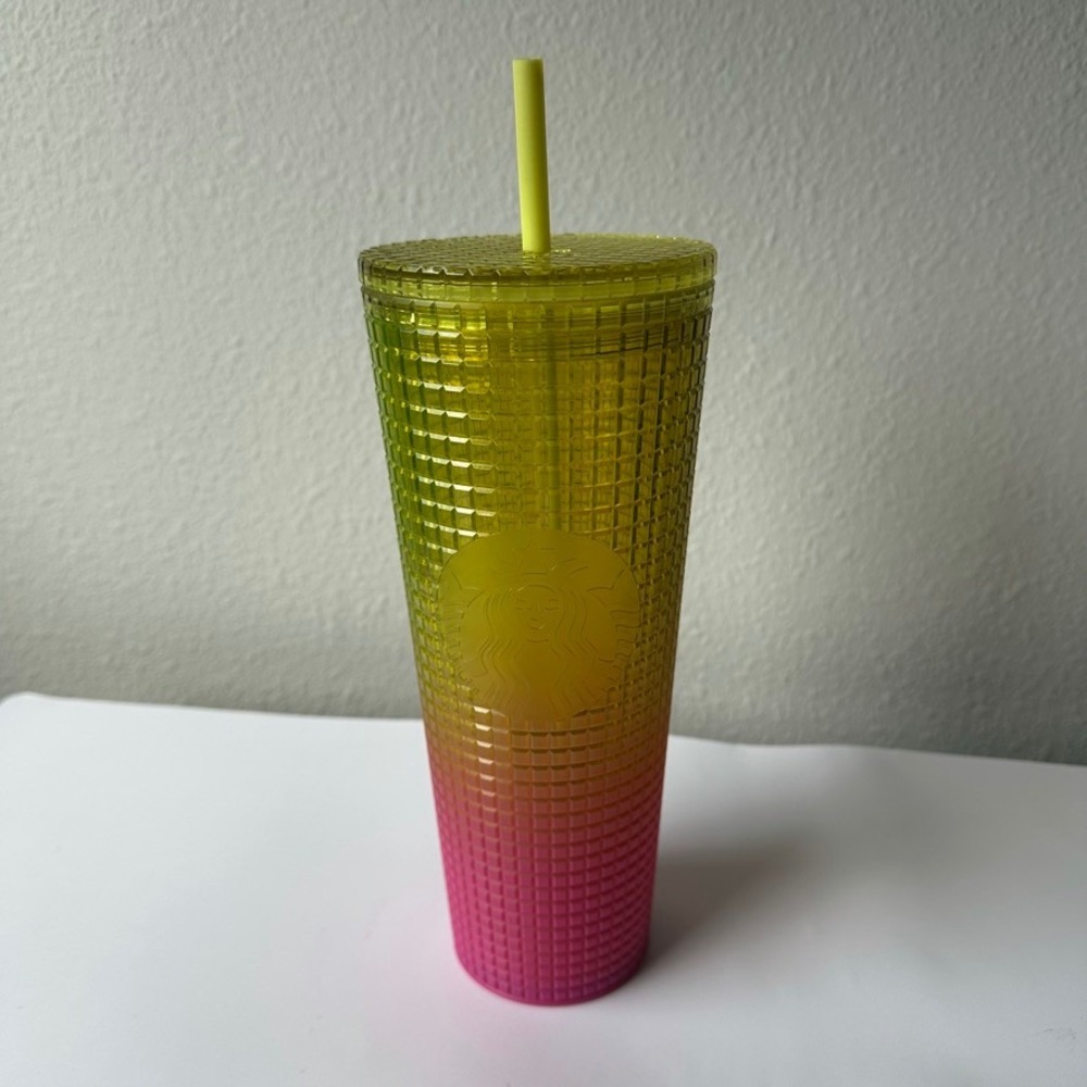 Starbucks Lemon Pink Gradient Ombre Grid Venti Cold Cup 24oz Tumbler Summer 2022